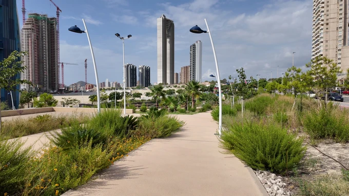 Urban Park with Modern Skyscrapers
