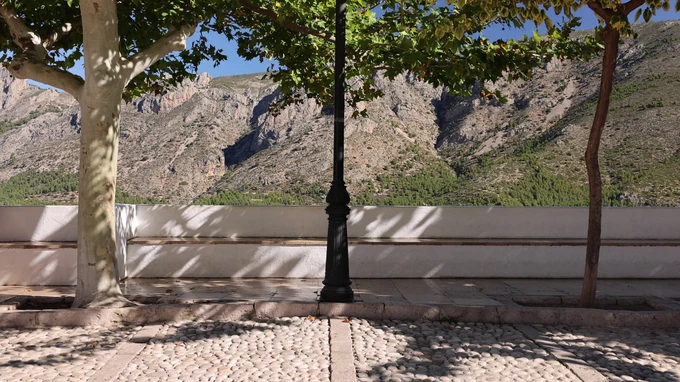 Mountain View with Trees and Lamp Post